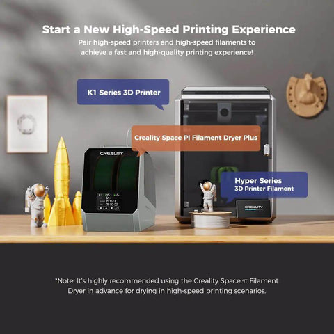 Space Pi Filament Dryer Plus for 1.75mm and 2.85mm PLA PETG ABS filaments, displayed with 3D printer and figurines on a table.