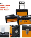 Three Tier Stackable Tool Box Set On Wheels With Extendable Handle Portable Rolling Hand Case Cart Durable Orange Storage Organizer