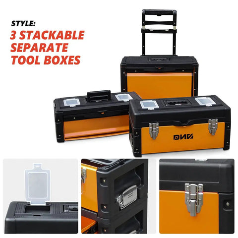Three Tier Stackable Tool Box Set On Wheels With Extendable Handle Portable Rolling Hand Case Cart Durable Orange Storage Organizer