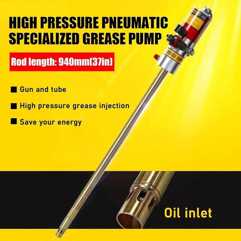 Badass Heavy Duty Pneumatic Grease Pump For 50 Gallon Drums With 16 Foot Hose displayed with a 37-inch rod and oil inlet.