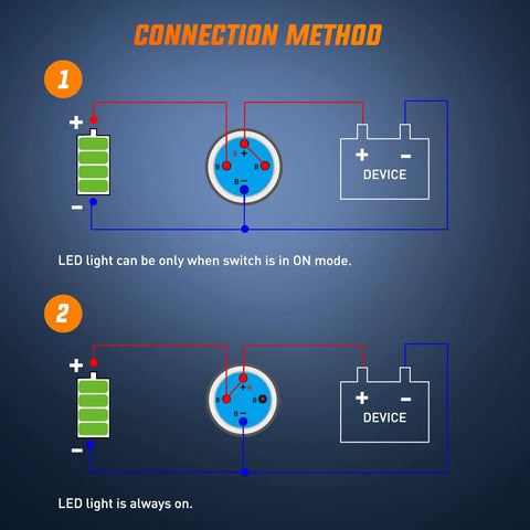 Diagram showing connection methods for 12mm Push Button Switch Kit 5 Pack With Pre Wired Harness LED Latching Round SPDT 4 Pin Waterproof.
