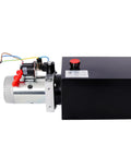 Heavy Duty 12V DC Hydraulic Power Unit With 8 Quart Steel Tank For Dump Trailer And Lift Gate, black metal tank and motor visible.