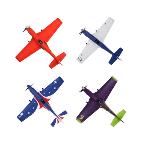 Top view of four colorful 6 Channel RC Plane For Adults With 1100mm Wingspan P51 Mustang Voodoo Hobby RC Planes in various designs.