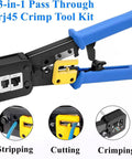 3-in-1 RJ45 Pass Through Crimping Tool for Cat6 Cat5e Cat5, showing blue handles and cutting, stripping, crimping functions