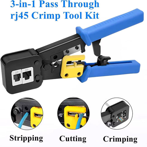 3-in-1 RJ45 Pass Through Crimping Tool for Cat6 Cat5e Cat5, showing blue handles and cutting, stripping, crimping functions