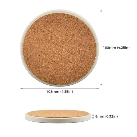 144 Pcs Round Coaster Blanks 4.25 Inch Ceramic Tiles With Cork Backing, side and top view dimensions shown.