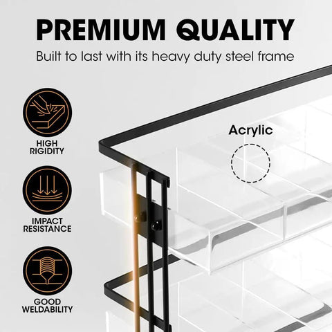 Three Tier Tea Bag Organizer With Clear Acrylic Compartments And Black Steel Frame Holds 15 Compartments For Coffee Station
