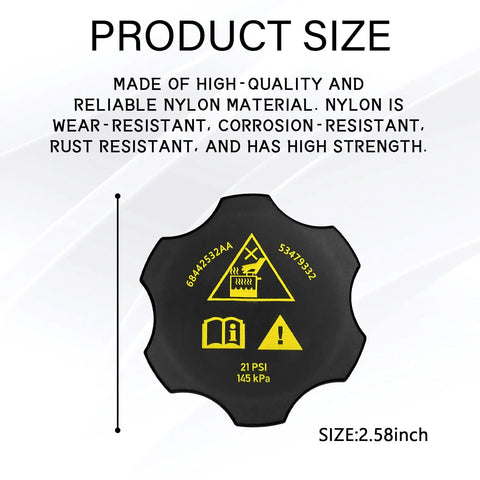 Premium Coolant Reservoir Replacement Cap showing wear-resistant nylon material and size 2.58 inch, suitable for radiator recovery system.