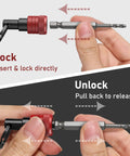 Non Slip Bit Holder Set 6 Piece Pro Grade One Quarter Inch Drill Bit Holder shows lock and unlock mechanism with black carabiner