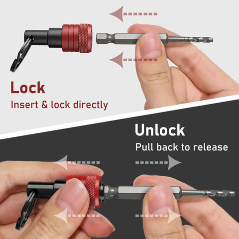 Non Slip Bit Holder Set 6 Piece Pro Grade One Quarter Inch Drill Bit Holder shows lock and unlock mechanism with black carabiner