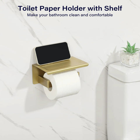 Two In One Stainless Steel Toilet Paper Holder With Shelf And Storage Dispenser SUS304 Rustproof, Gold Finish on wall