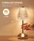 Cordless Crystal Lamp With Color Changing Touch Control, lightweight 1.9 lb, 12" tall, metal base, for bedroom or living room