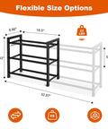 Diagram showing dimensions of Space Saver Expandable Shoe Rack 18.5 To 33 Inches Wide 3 Tier Metal Shoe Organizer, capacity 22 lbs.