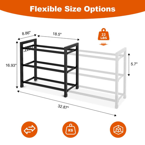 Diagram showing dimensions of Space Saver Expandable Shoe Rack 18.5 To 33 Inches Wide 3 Tier Metal Shoe Organizer, capacity 22 lbs.
