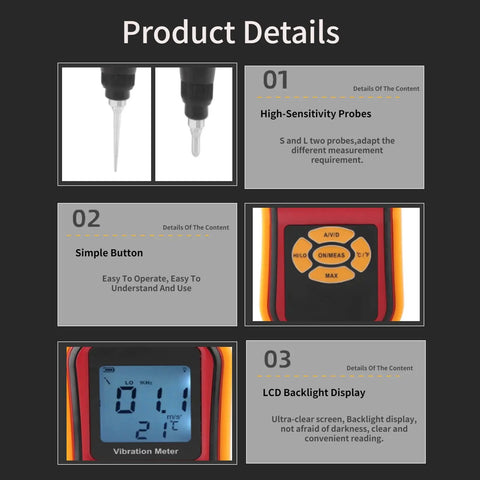 Portable Handheld Vibration Meter With LCD Display And Split Measurement, Digital Vibration Tester For Motors, Fans, Bearings And Mechanical Watches, Includes S And L Probes, Compact Vibe Analyzer For Quick Diagnostics And Accurate Readouts, close-up of probes and screen