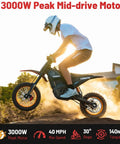 Trail-Ready Electric Dirt Bike For Adults With 3000W Peak Motor 40 MPH Top Speed 48V Battery in action on dirt trail