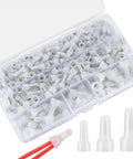 Rock Solid 120 Pack Closed End Crimp Connectors For Electric Pros. Heavy Duty Nylon Insulated Tips In 22-16, 16-14 And 12-10 Gauge Sizes Guarantee Snug Fits Plus Safety Certs That Keep Your Gear Short Circuit Free And Looking Sharp On Any Rig., white closed end crimp connectors in organizer with wire example