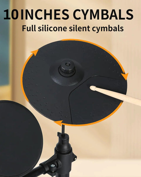 Close-up of 10-inch silicone cymbal from Electric Drum Set for Beginners With 150 Sounds and Quiet Pads 2 Pedals Ready To Jam Throne Sticks Headphones Included Portable Foldable Electronic Drum Kit AED 400.