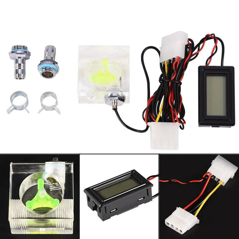 PC 3 Way Flow Meter And Digital Thermometer Water Cooling System Kit Pro Grade with connectors and clamps for easy install