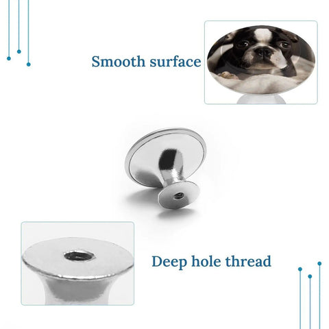 Cute Boston Terrier Round Cabinet Knob Set, 2 Pack, Stainless Steel With Brushed Aluminum Base, Rust Resistant Durable Drawer Knobs For Kitchen Cabinets And Furniture Makeovers; smooth surface and deep hole thread