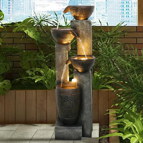Outdoor 40 Inch Water Fountain With LED Lights 4 Tier Crocks Waterfall Decor For Garden Patio Deck Porch Backyard Vibe Decor Weather Resistant Polyresin Indoor Or Outdoor Water Feature displayed on a patio with plants