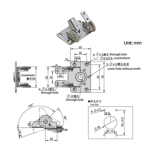 Stainless steel damping bilateral torque hinge with mounting base for display base, 1 piece