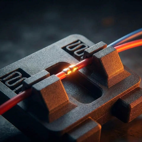 Close-up of 2 Pcs Hands Free Electric Wire Welding Fixture Portable Soldering Jig Tool with soldered wires for automotive use.