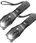Dual Pack Tactical LED Flashlight S1000 T6 with zoomable beam, black aluminum build, five modes, ideal for camping and emergency gear.