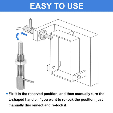 Built Like A Tank Heavy Duty Two Pack Retractable Indexing Plunger Pins M16 Stainless Steel in use with L-shaped handle.