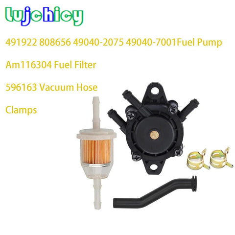 Fuel Pump For Briggs Stratton Honda Kohler Yamaha Small Engine Lawn Mower Tractor With Vacuum Hose And Fuel Filter Includes AM116304 For Broad Compatibility 17HP To 25HP displayed with filter, hose, and clamps