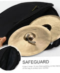Chuck Your Gear Inside This Heavy Duty Portable Cymbal Bag With Side Pocket And Thick Cotton Padding To Keep Everything Locked Down On The Road And Around Town While Featuring An Unbeatable Oxford Build And A Roomy Front Pocket For Drumsticks And Keys, showing cymbals secured with thick padding.