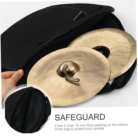 Chuck Your Gear Inside This Heavy Duty Portable Cymbal Bag With Side Pocket And Thick Cotton Padding To Keep Everything Locked Down On The Road And Around Town While Featuring An Unbeatable Oxford Build And A Roomy Front Pocket For Drumsticks And Keys, showing cymbals secured with thick padding.