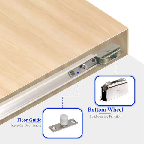 Hidden Barn Door Hardware Kit With Soft Close Mechanism And Concealed Track Setup For Closets showing floor guide and bottom wheel.