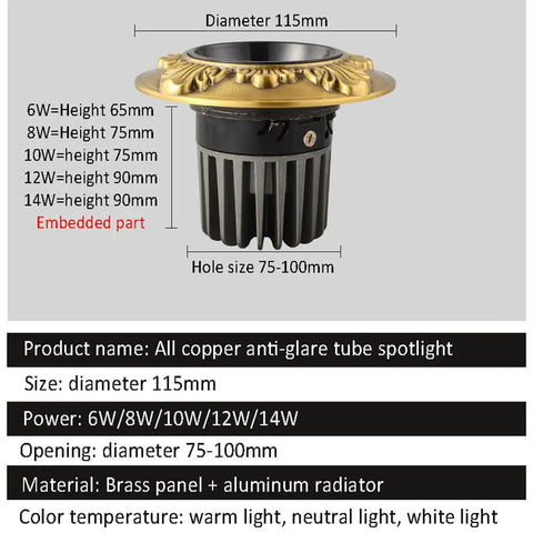 Five Inch Led Recessed Downlight With Tunable Warm Cool White Levels High Cri90 Clarity Rust Proof Brass Body No Sweat Cooling Flow, 115mm Diameter.