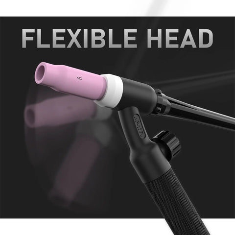 Fresh Flex Head TIG Torch WP-17FV Gas Valve Air-Cooled with flexible head and pink ceramic cup for optimal welding reach.