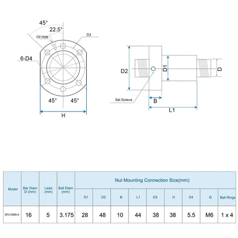 Technical diagram of Beefy Ball Screw SFU1605 16mm Diameter 5mm Lead 260mm Length with Anti Backlash Kit for BK BF12 CNC Machines.