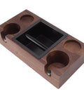Legit Premium Walnut Wood Coffee Tamping Station With Stainless Steel Knock Box And Adjustable Height Tamper Base showing removable knock box.