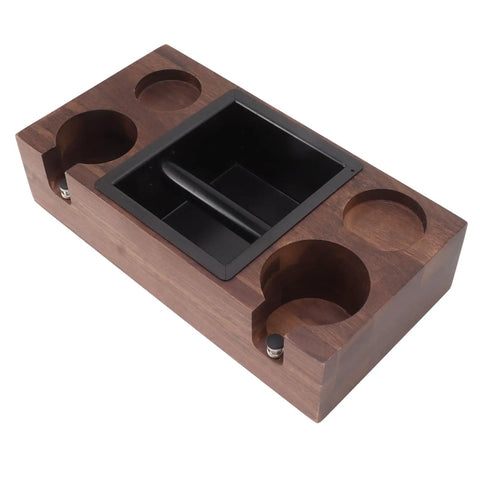 Legit Premium Walnut Wood Coffee Tamping Station With Stainless Steel Knock Box And Adjustable Height Tamper Base showing removable knock box.