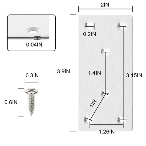 Heavy Duty Stainless Steel Flat Brackets 30 Pack 4 By 2 Inch Mending Plates For Furniture Wood Shelf Repair Built Tough Rock Solid No Hassle Mounting With Screws Included dimensions diagram with mounting screw.