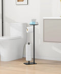 Floor Standing Toilet Paper Holder Dispenser With Four Roll Storage And Top Shelf For Phone Wipes And Wallet Rust Resistant Stainless Steel Black Finish beside toilet