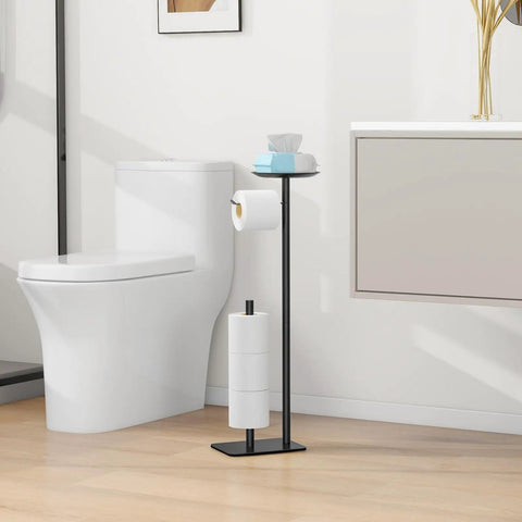 Floor Standing Toilet Paper Holder Dispenser With Four Roll Storage And Top Shelf For Phone Wipes And Wallet Rust Resistant Stainless Steel Black Finish beside toilet