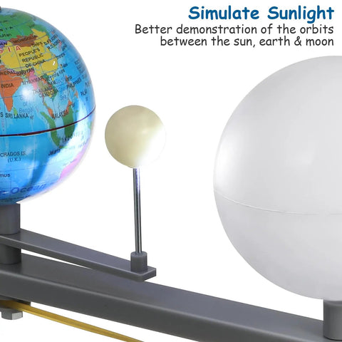 Sun Earth Moon Model For Classroom, Hands On Astronomy Teaching Tool, Orbital Simulator Demonstrating Day And Night, Seasons, Moon Phases, And Planetary Motion. Globe, Moon and Sun model on stand.