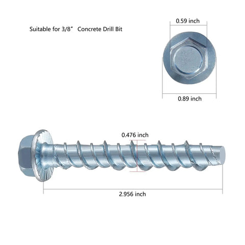 Three Eighths Inch By Three Inch Zinc Plated Large Diameter Concrete Screws For Masonry Brick Or Block Anchoring 12mm Thick Shank