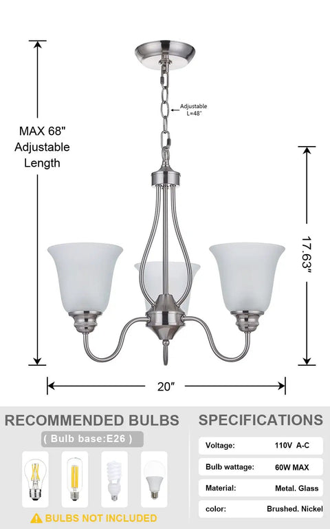 Lit Three Light Chandelier In Brushed Nickel With Frosted Glass Shades, classic ceiling fixture dimensions 68x20 inches