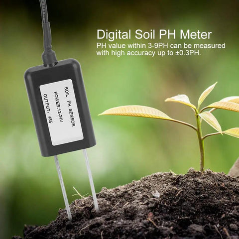 Close-up of a digital Soil pH Sensor with RS485 0 to 5V 0 to 10V and 4 to 20mA outputs in soil near a seedling, IP68 waterproof.