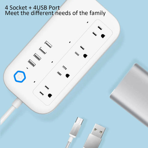 Heavy Duty Smart Power Strip With Voice Control And Programmable Timer delivering four AC outlets plus four USB ports for quick multi device charging on your desk home or office gear today.