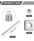 Two-Piece 1/4-20 UNC Fully Threaded Stainless Steel Rod Set, 4.3 Inch Long, 304 Stainless, Right Hand Threads, Includes Nuts And Square Washers For Furniture Mounting And Heavy-Duty Fastening. 2 pcs 1/4-20 rod, nut and washer size view