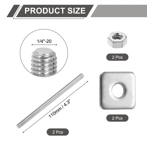 Two-Piece 1/4-20 UNC Fully Threaded Stainless Steel Rod Set, 4.3 Inch Long, 304 Stainless, Right Hand Threads, Includes Nuts And Square Washers For Furniture Mounting And Heavy-Duty Fastening. 2 pcs 1/4-20 rod, nut and washer size view
