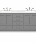 Rock Solid 96 Inch Bathroom Vanity With Double Sink And Pure White Quartz Countertop Featuring Fully Assembled Cabinets, gray finish, dual basin design.