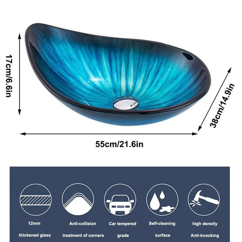 Modern Oval Glass Vessel Sink With Blue Line Stripes, Slick Countertop Washbasin Built On Badass Toughened Glass. Dimensions 55cmx38cm.